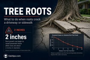 A mature tree root lifting and cracking a driveway or sidewalk, with guidance on whether to prune roots, reroute the pavement, or remove the tree.